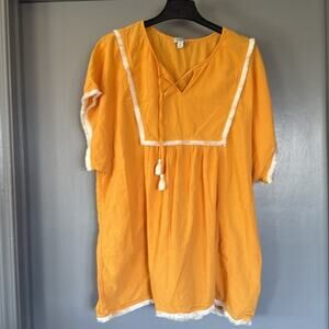 J. Crew Gold White V-Neck Short Sleeved Top 100% Cotton Fringed sz 2X Boho